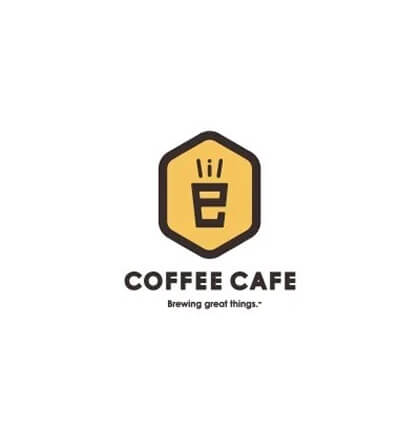 Coffee Cafe logo with stylized coffee cup icon and tagline "Brewing great things" in black and yellow design.
